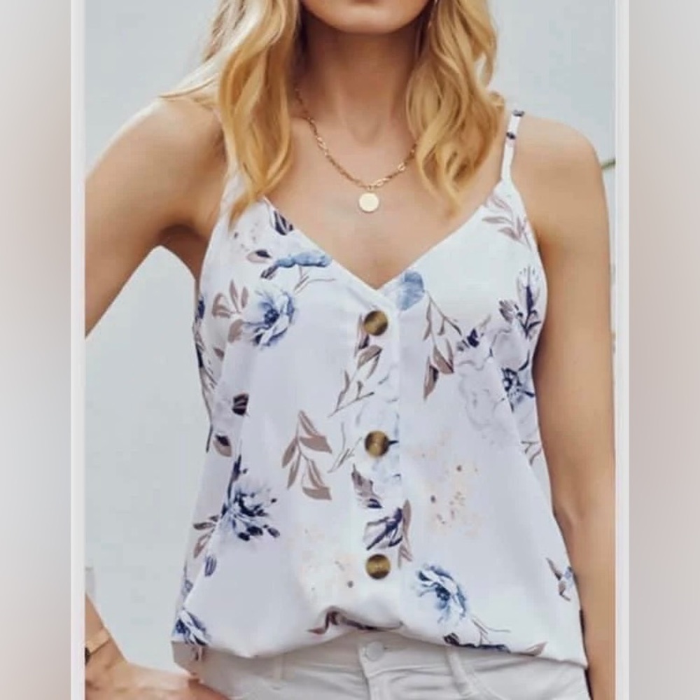 White Floral Button Down Tank Top Small Like New